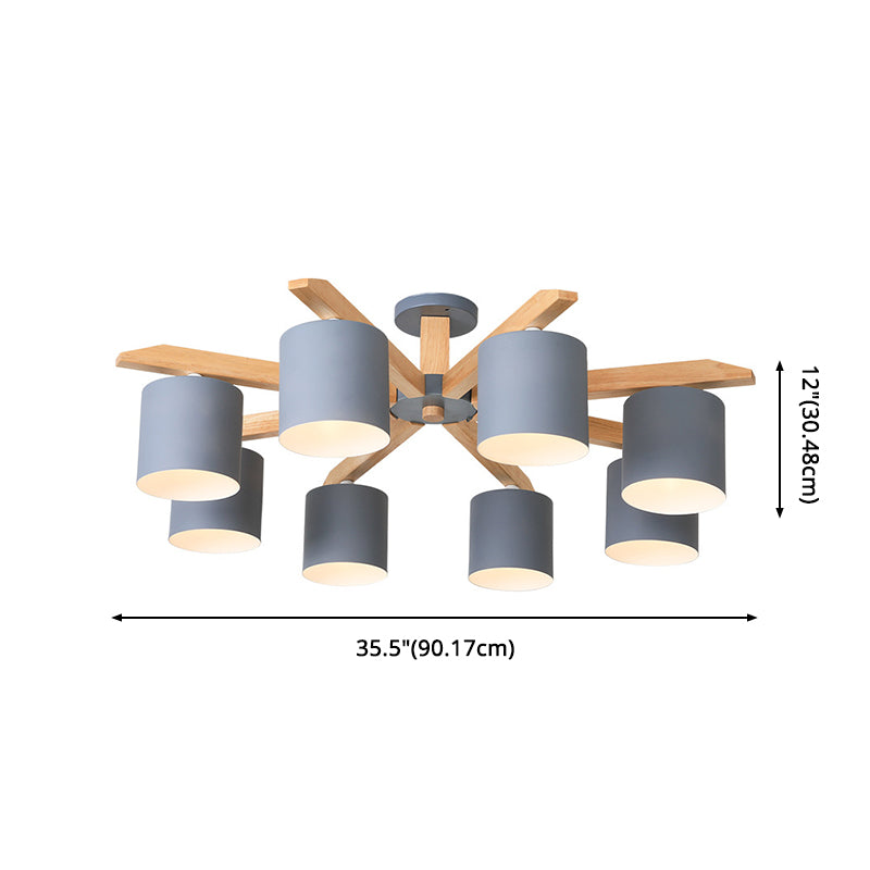 Eigentijdse eenvoud massief houten plafond licht metaal cilindrische schaduw semi spoelmontage lamp voor woonkamer