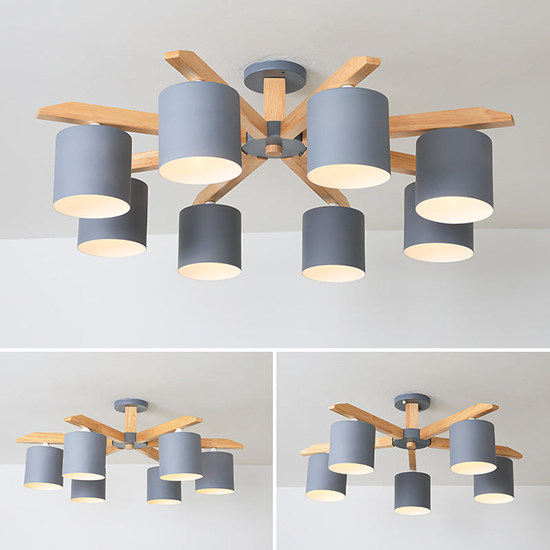 Contemporary Simplicity Solid Wood Ceiling Light Metal Cylindrical Shade Semi Flush Mount Lamp for Living Room