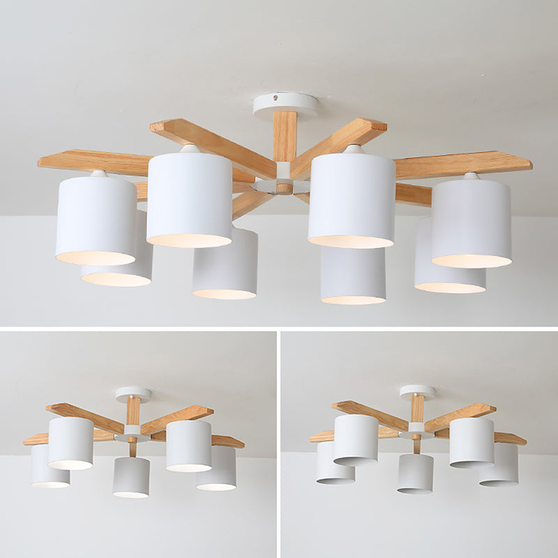 Eigentijdse eenvoud massief houten plafond licht metaal cilindrische schaduw semi spoelmontage lamp voor woonkamer