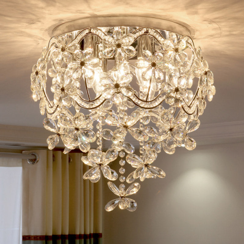 Plafonnier à fleurs claires, contemporain, 6 têtes en cristal, proche du plafond, pour chambre à coucher