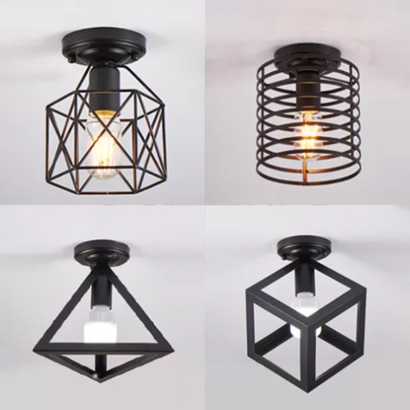 1-Light Wire Cage Semi Flush Mount Light Fixture Industrial Metal Semi Flush