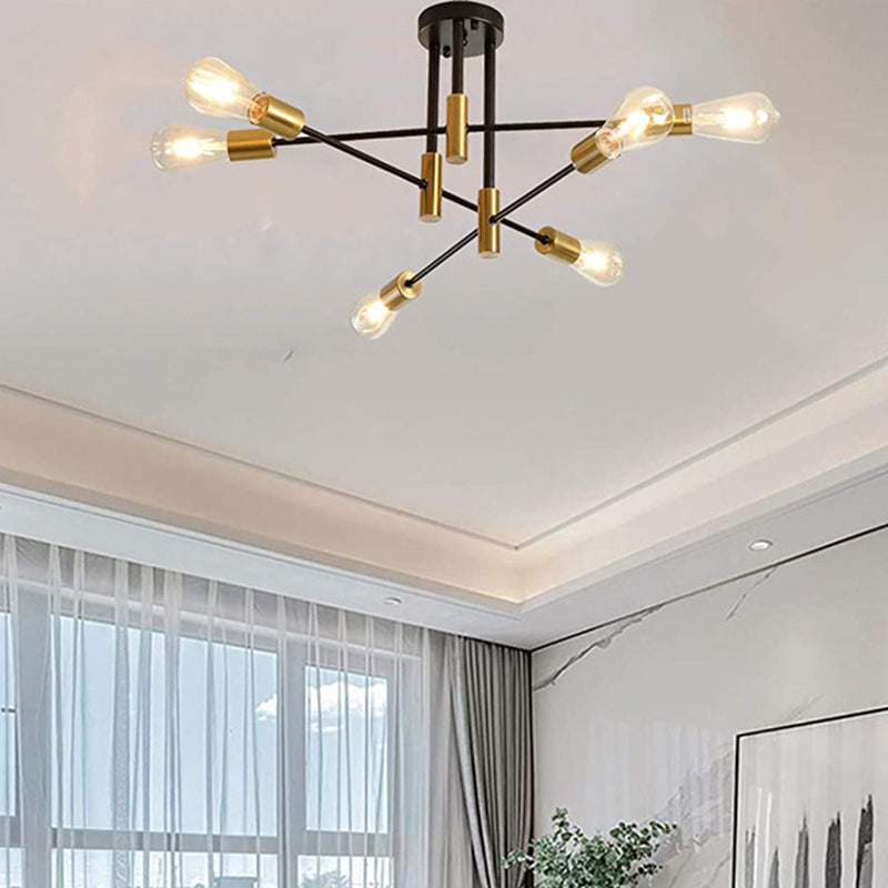 Industrial Vintage Radial Semi-Flush Mount Metal Ceiling Fixture in Black and Gold