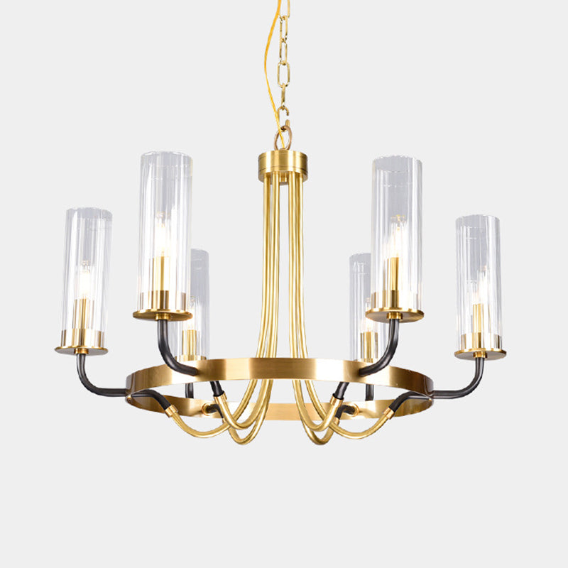 Post-Modern Metal Hanging Chandelier Light Cylinder Clear Glass Shade  Ceiling Chandelier in Gold for Living Room