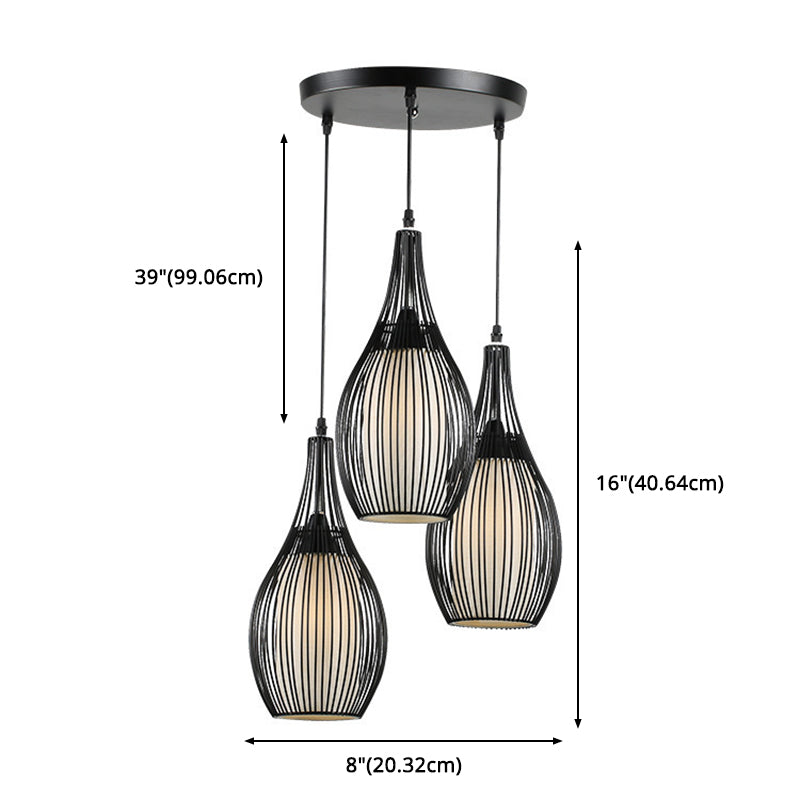 Black Teardrop Shaped Hanging Lamp Vintage Iron 3-Light Dinner Pendant Lighting Fixture