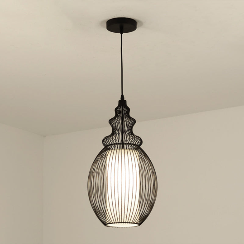 Cage Metal Pendant Lighting Industrial 1 Head Restaurant Ceiling Suspension Lamp in Black