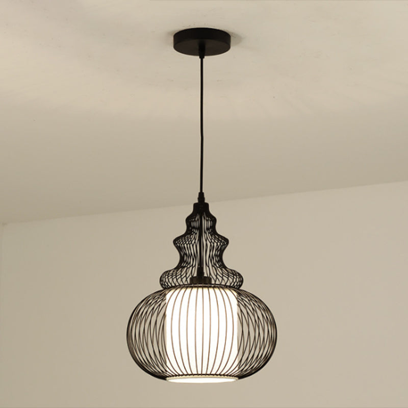 Cage Metal Pendant Lighting Industrial 1 Head Restaurant Ceiling Suspension Lamp in Black