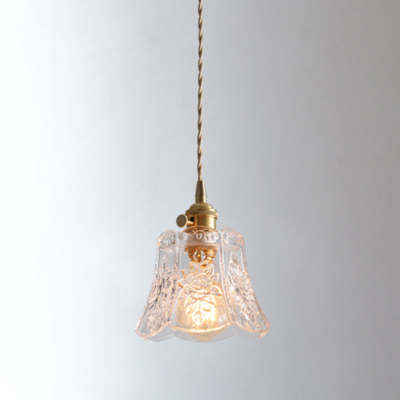 1-Bulb Carved Glass Pendant Vintage Brass Scalloped Bedside Pendulum Light with Rotary Switch