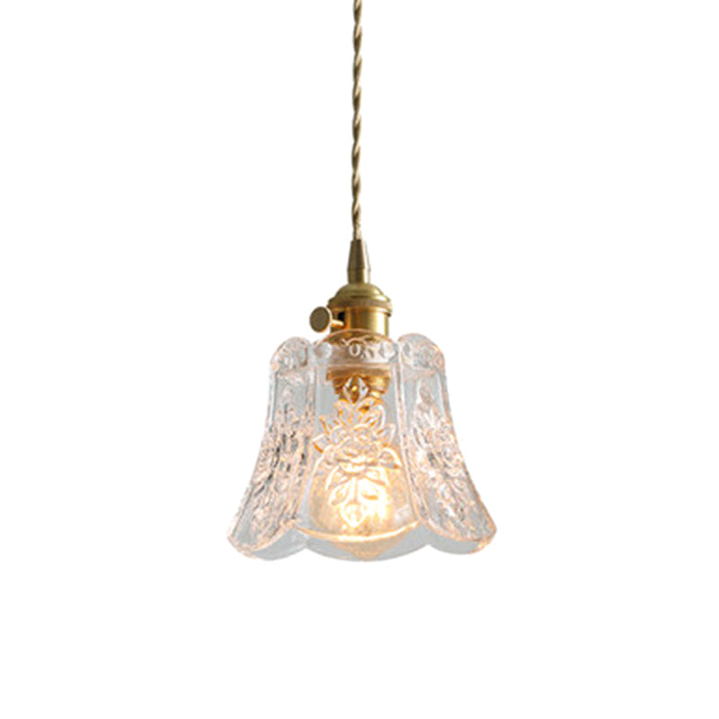 1-Bulb Carved Glass Pendant Vintage Brass Scalloped Bedside Pendulum Light with Rotary Switch