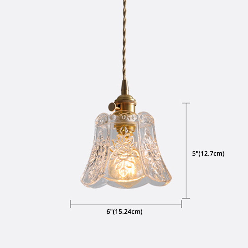 1-Bulb Carved Glass Pendant Vintage Brass Scalloped Bedside Pendulum Light with Rotary Switch