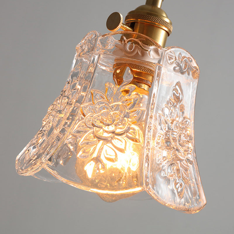 1-Bulb Carved Glass Pendant Vintage Brass Scalloped Bedside Pendulum Light with Rotary Switch