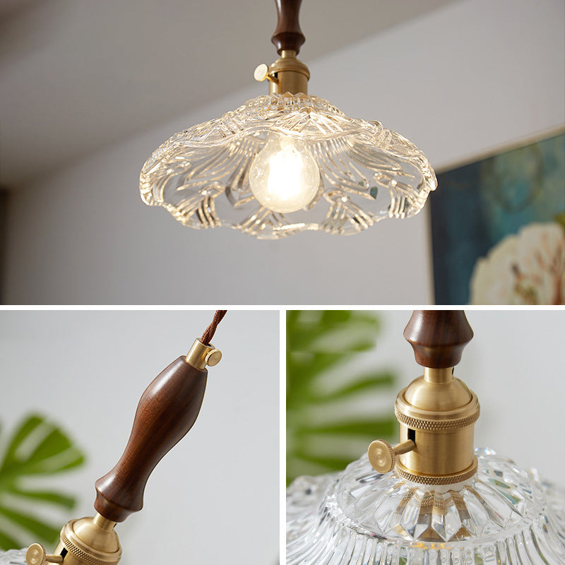 Flower Dining Room Pendant Lighting Vintage Clear Glass 1-Light Brass Pendulum Light