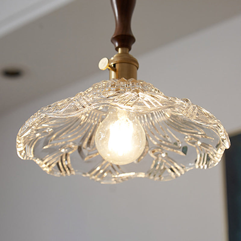 Flower Dining Room Pendant Lighting Vintage Clear Glass 1-Light Brass Pendulum Light