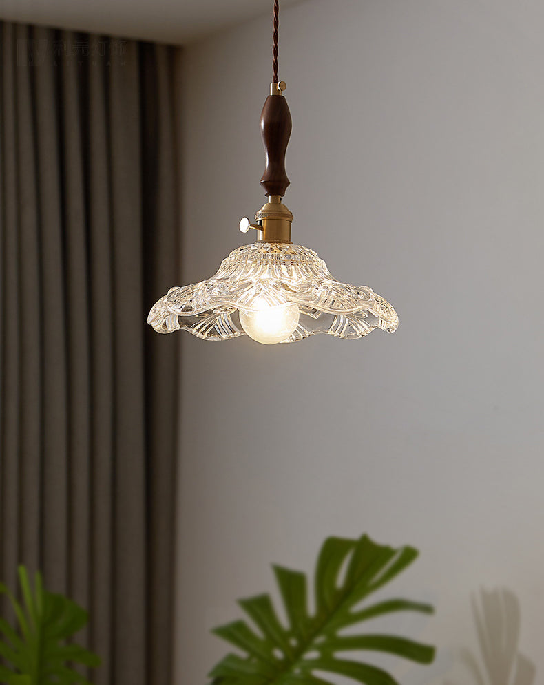 Flower Dining Room Pendant Lighting Vintage Clear Glass 1-Light Brass Pendulum Light