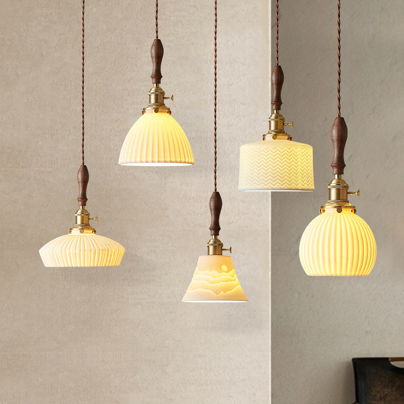 Ceramic Shaded Hanging Light Fixture Vintage 1 Head Dining Room Suspension Light in Brass