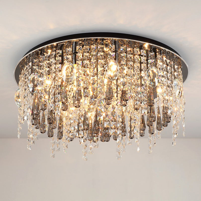 Clear Cascading Flush Mount Modernist 12 Heads Beveled Crystal Ceiling Mounted Fixture