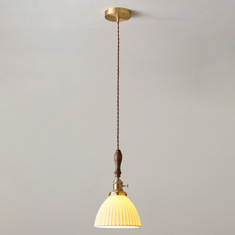 Ceramic Shaded Hanging Light Fixture Vintage 1 Head Dining Room Suspension Light in Brass