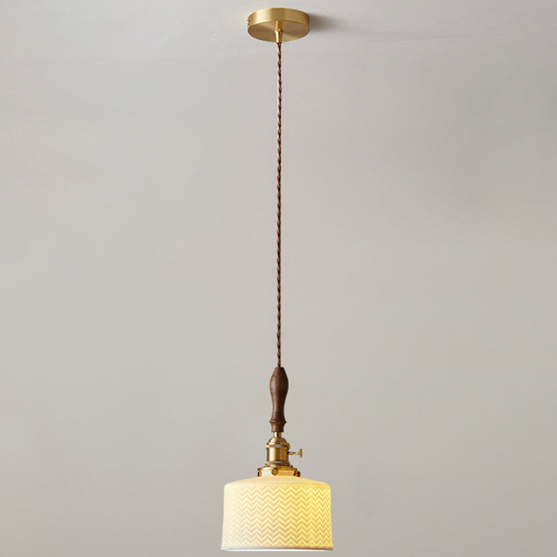 Ceramic Shaded Hanging Light Fixture Vintage 1 Head Dining Room Suspension Light in Brass