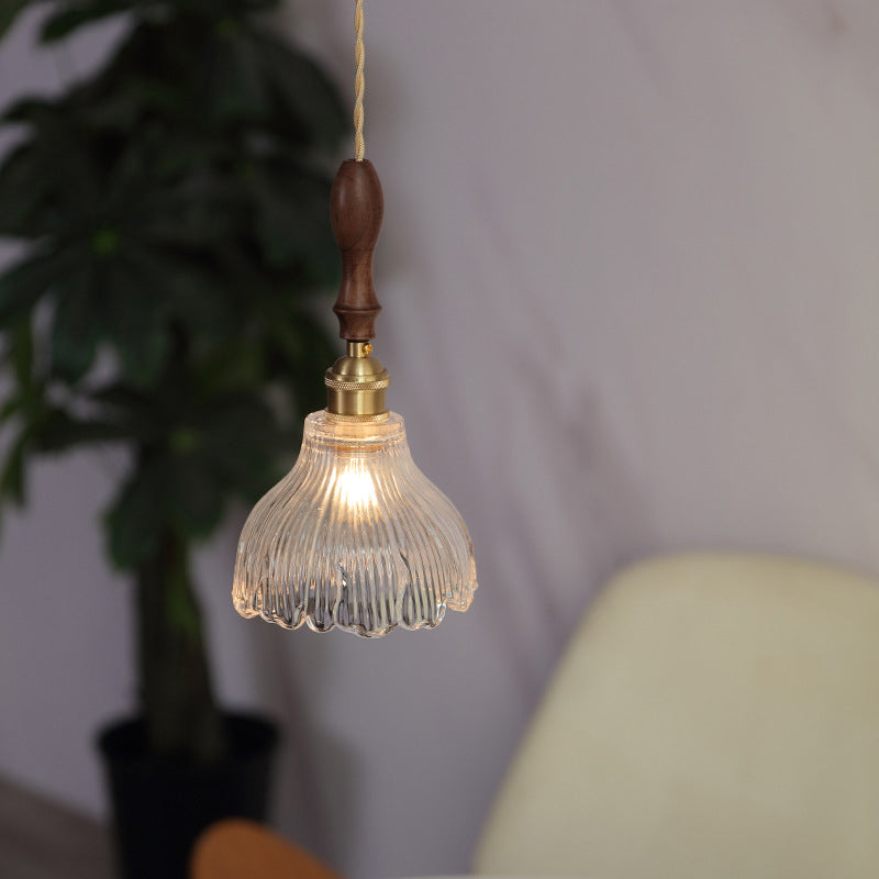 Ribbed Glass Floral Suspension Pendant Simple 1 Bulb Dinner Hanging Light in Brass