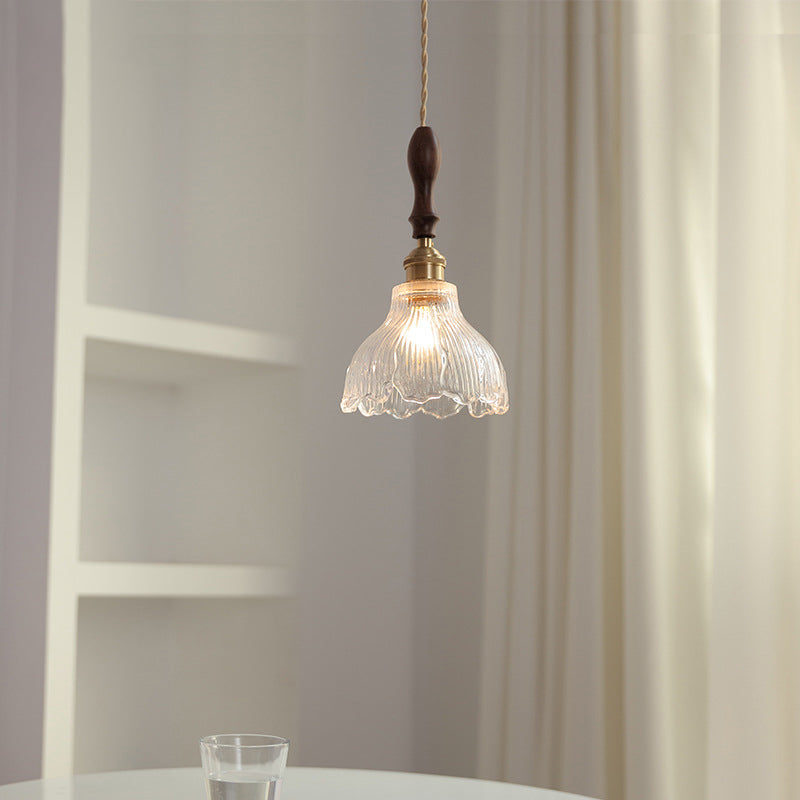 Ribbed Glass Floral Suspension Pendant Simple 1 Bulb Dinner Hanging Light in Brass