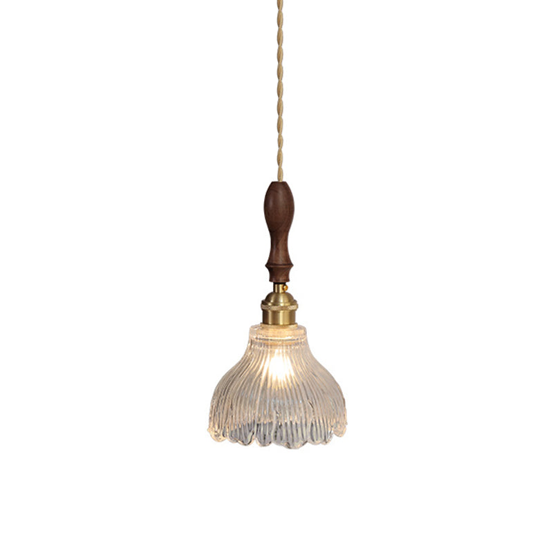 Ribbed Glass Floral Suspension Pendant Simple 1 Bulb Dinner Hanging Light in Brass