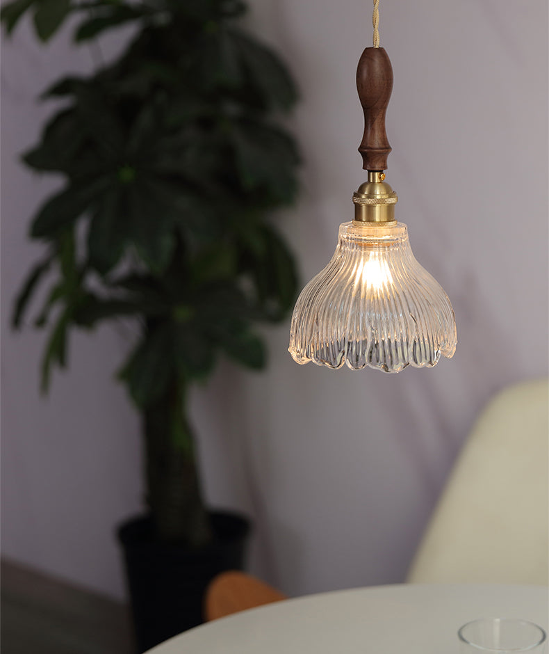 Ribbed Glass Floral Suspension Pendant Simple 1 Bulb Dinner Hanging Light in Brass