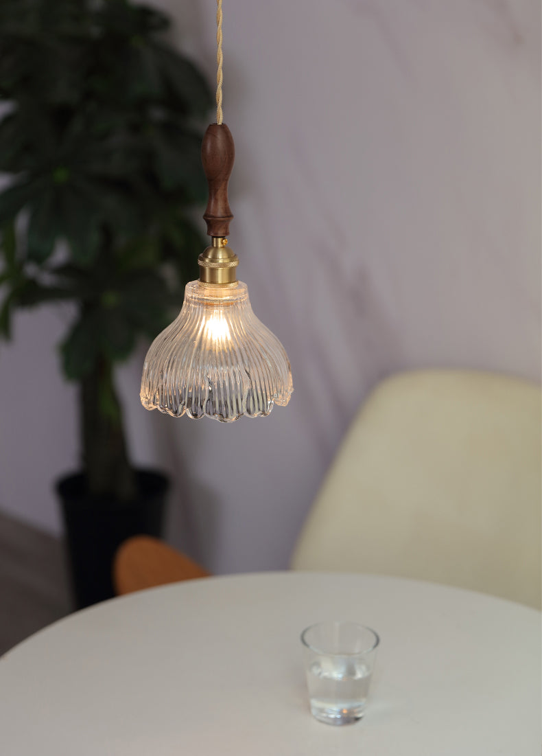 Ribbed Glass Floral Suspension Pendant Simple 1 Bulb Dinner Hanging Light in Brass