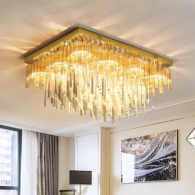 Clear Crystal Tiered Flush Mount Modern 9 Heads Close to Ceiling Lighting with Rectangle Canopy