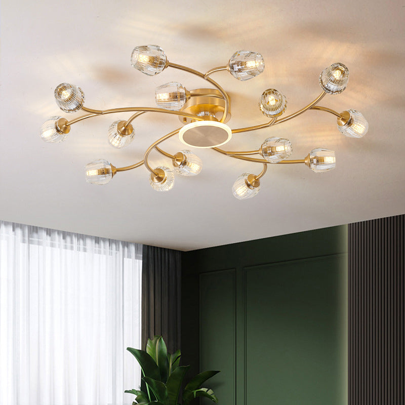 Copper Multi-head Semi Flush Mounted Ceiling Led Lights Glass Shade Modern Radial Metal Semi Flush Light