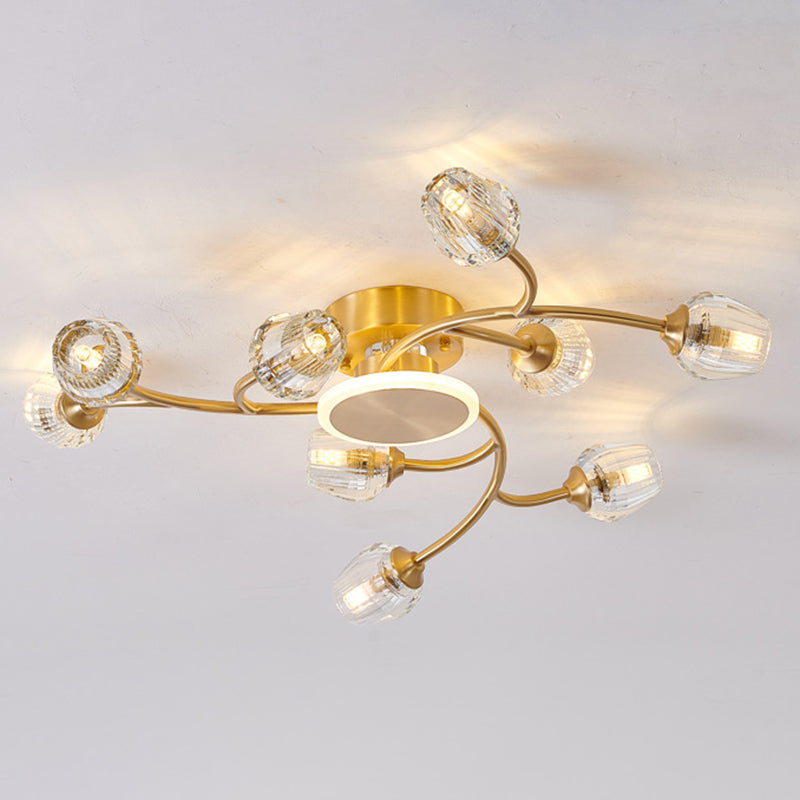 Copper Multi-head Semi Flush Mounted Ceiling Led Lights Glass Shade Modern Radial Metal Semi Flush Light