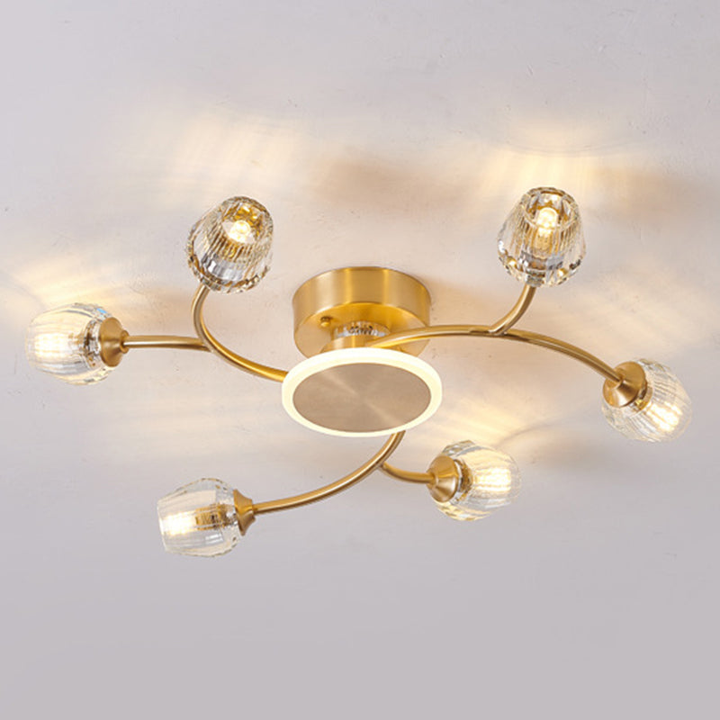 Copper Multi-head Semi Flush Mounted Ceiling Led Lights Glass Shade Modern Radial Metal Semi Flush Light