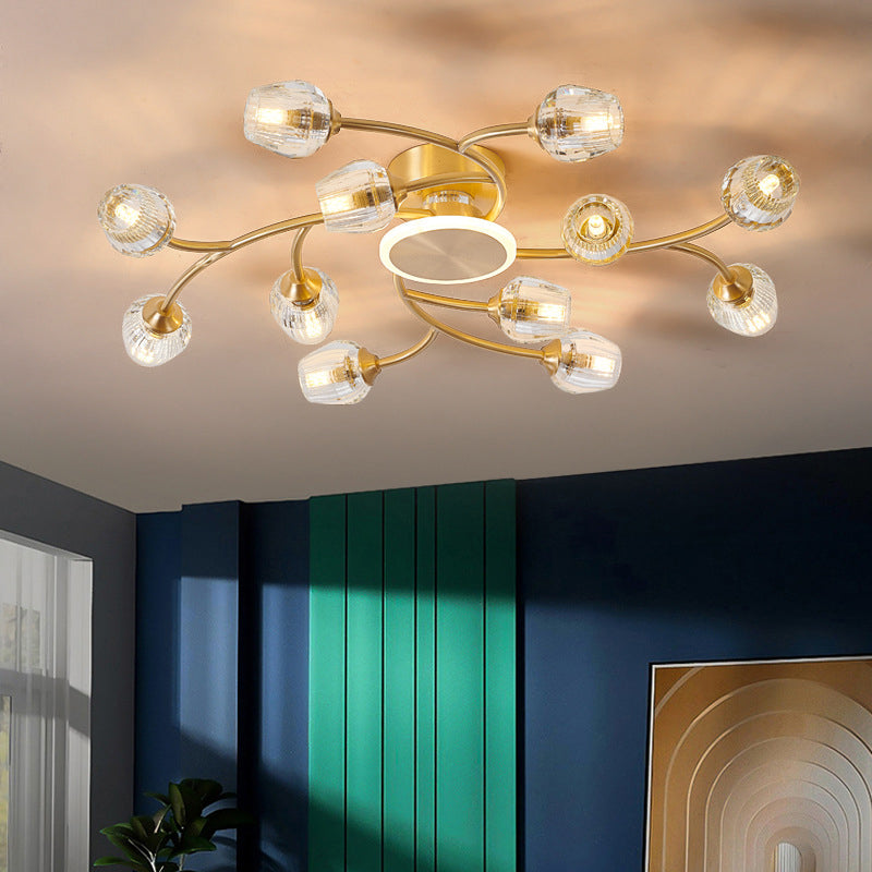 Copper Multi-head Semi Flush Mounted Ceiling Led Lights Glass Shade Modern Radial Metal Semi Flush Light