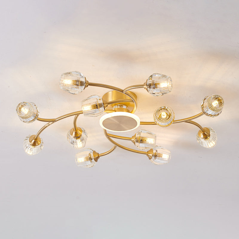 Copper Multi-head Semi Flush Mounted Ceiling Led Lights Glass Shade Modern Radial Metal Semi Flush Light