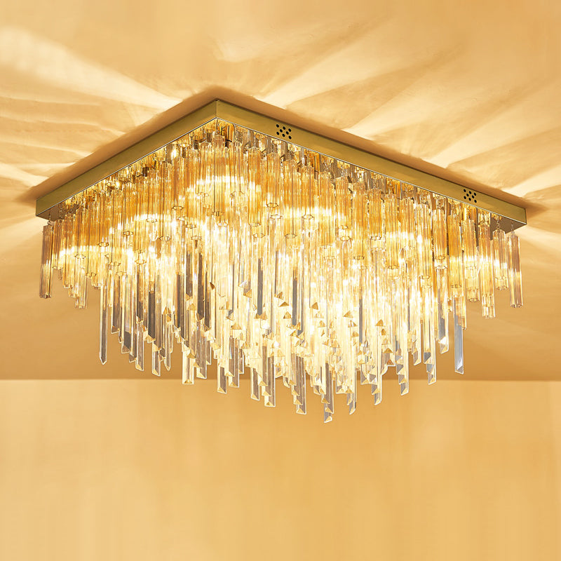 Clear Crystal Tiered Flush Mount Modern 9 Heads Close to Ceiling Lighting with Rectangle Canopy