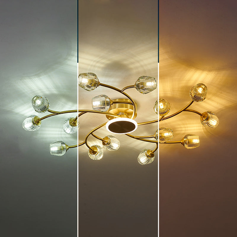 Copper Multi-head Semi Flush Mounted Ceiling Led Lights Glass Shade Modern Radial Metal Semi Flush Light