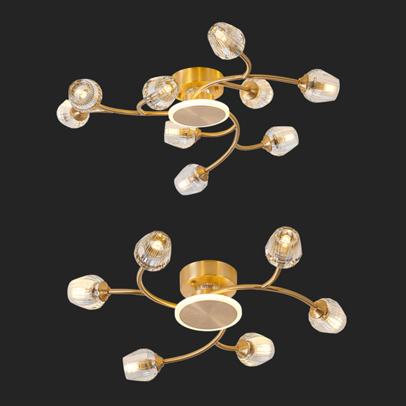 Copper Multi-head Semi Flush Mounted Ceiling Led Lights Glass Shade Modern Radial Metal Semi Flush Light