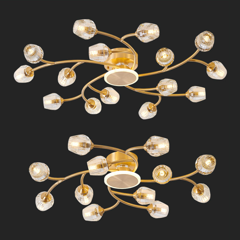 Copper Multi-head Semi Flush Mounted Ceiling Led Lights Glass Shade Modern Radial Metal Semi Flush Light