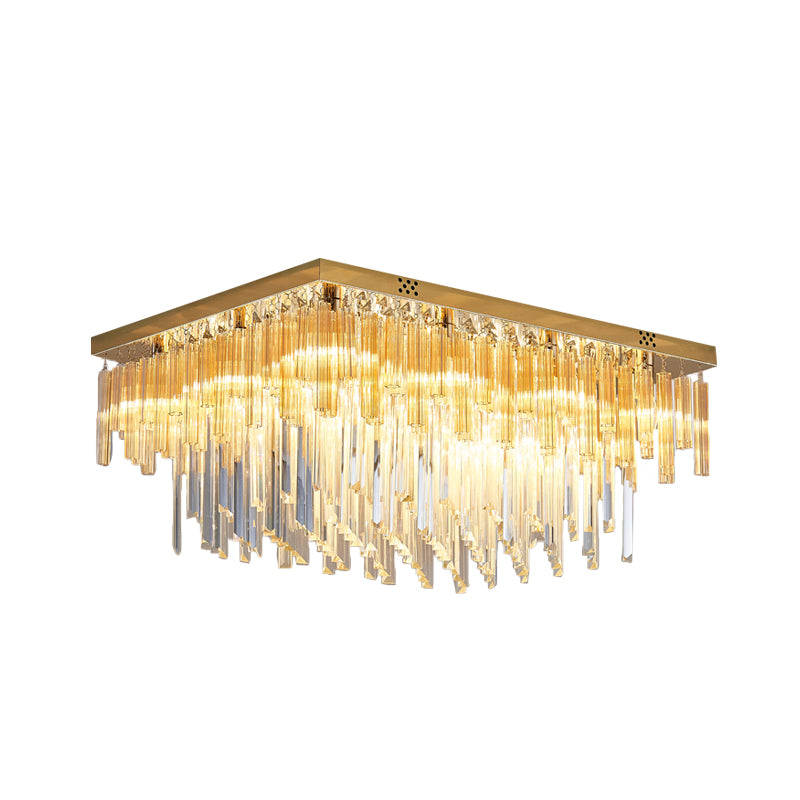 Clear Crystal Tiered Flush Mount Modern 9 Heads Close to Ceiling Lighting with Rectangle Canopy