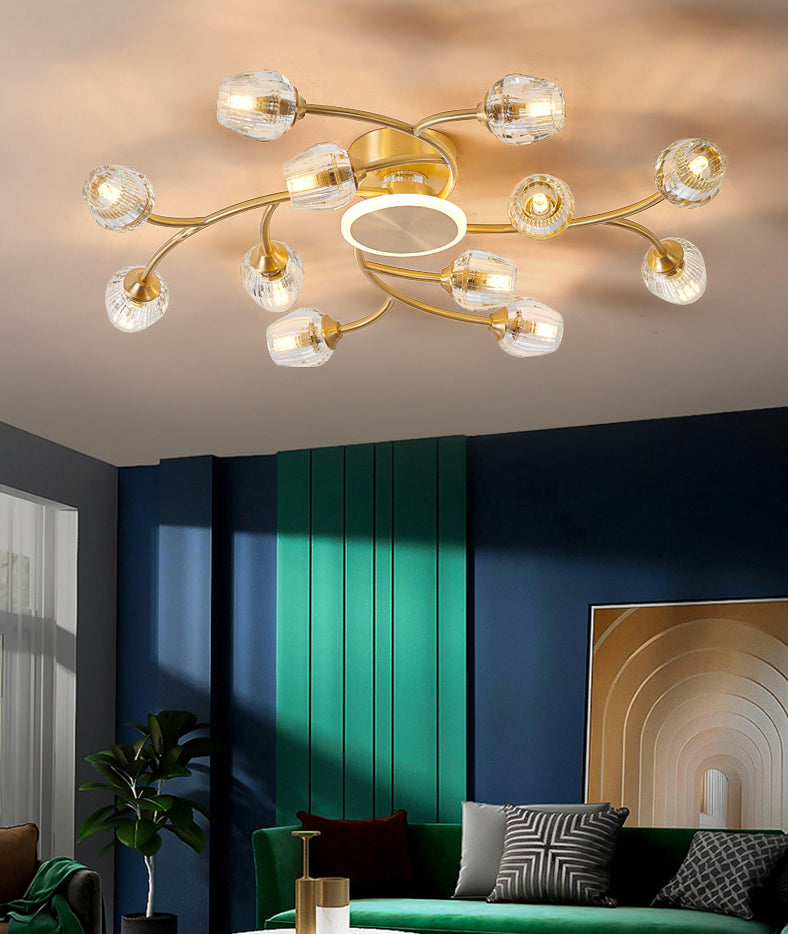 Copper Multi-head Semi Flush Mounted Ceiling Led Lights Glass Shade Modern Radial Metal Semi Flush Light