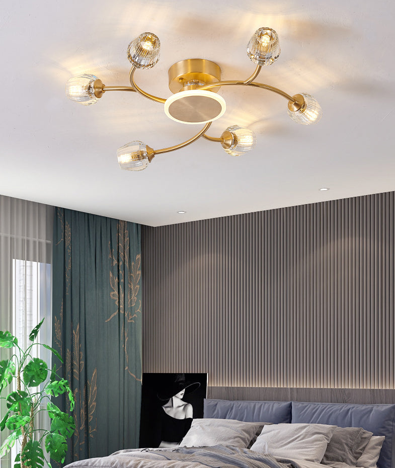 Copper Multi-head Semi Flush Mounted Ceiling Led Lights Glass Shade Modern Radial Metal Semi Flush Light