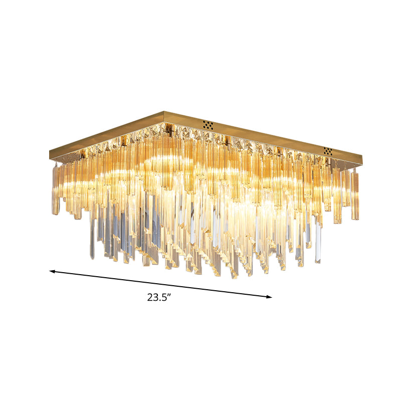 Clear Crystal Tiered Flush Mount Modern 9 Heads Close to Ceiling Lighting with Rectangle Canopy