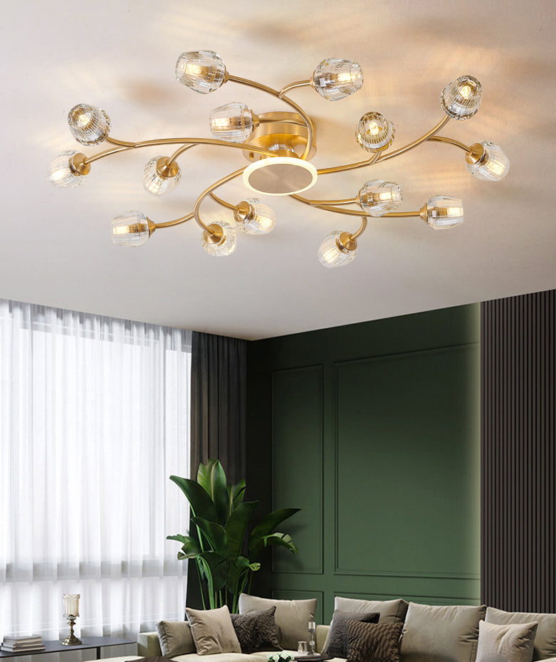 Copper Multi-head Semi Flush Mounted Ceiling Led Lights Glass Shade Modern Radial Metal Semi Flush Light