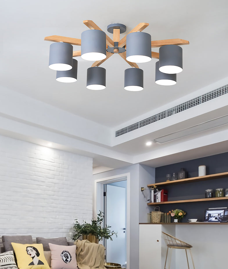 Eigentijdse eenvoud massief houten plafond licht metaal cilindrische schaduw semi spoelmontage lamp voor woonkamer