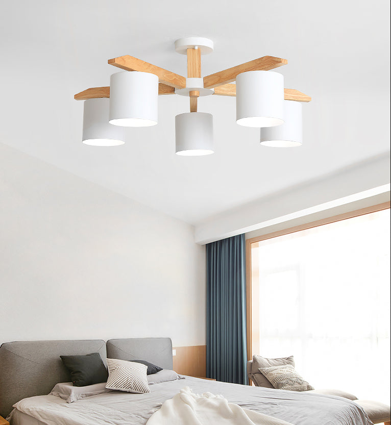 Contemporary Simplicity Solid Wood Ceiling Light Metal Cylindrical Shade Semi Flush Mount Lamp for Living Room