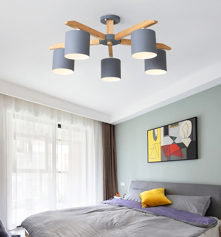 Contemporary Simplicity Solid Wood Ceiling Light Metal Cylindrical Shade Semi Flush Mount Lamp for Living Room