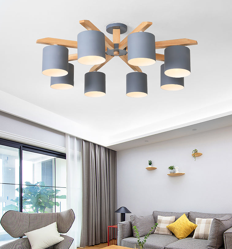 Contemporary Simplicity Solid Wood Ceiling Light Metal Cylindrical Shade Semi Flush Mount Lamp for Living Room