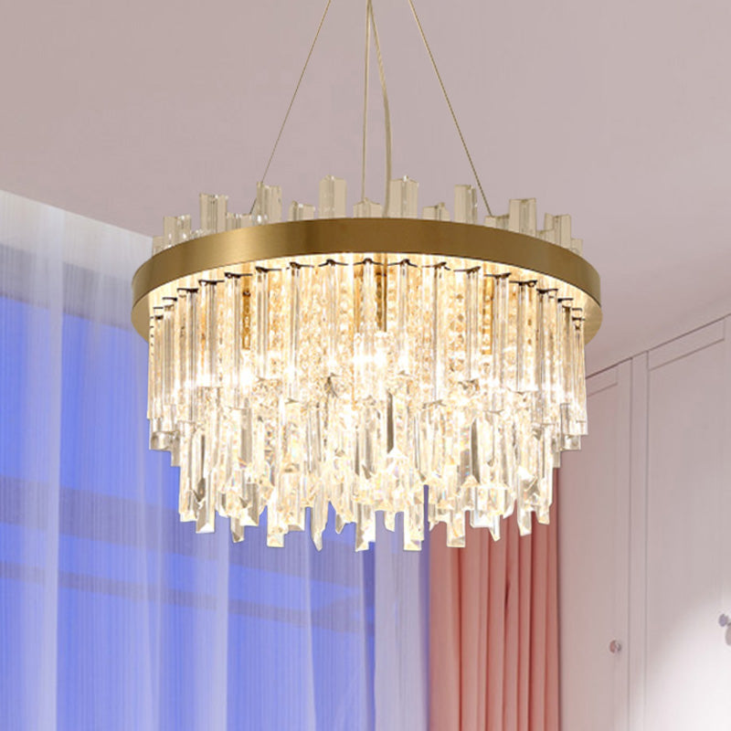 Cylinder Chandelier Lighting Contemporary Faceted Crystal 6 Bulbs Gold Hanging Ceiling Light