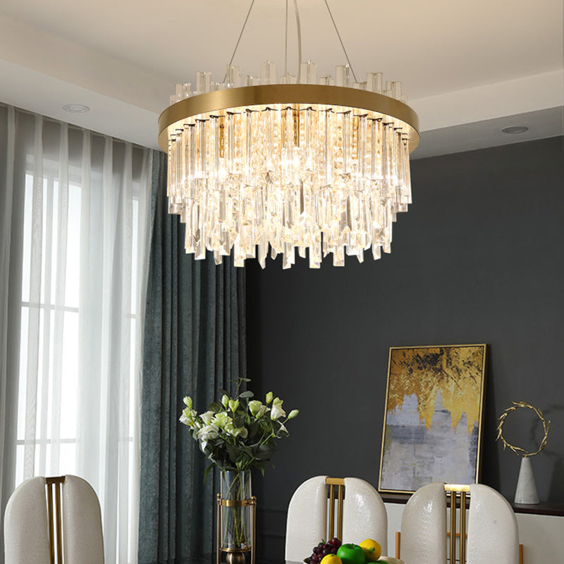 Cylinder Chandelier Lighting Contemporary Faceted Crystal 6 Bulbs Gold Hanging Ceiling Light