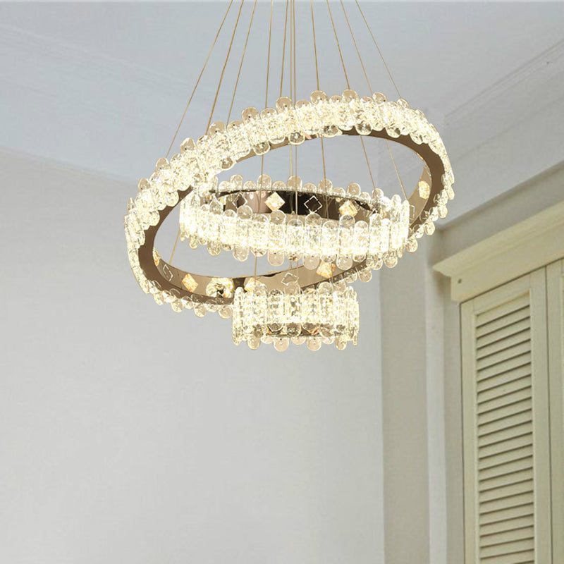 Nickel Circular Hanging Chandelier Modernist LED Crystal Suspended Lighting Fixture