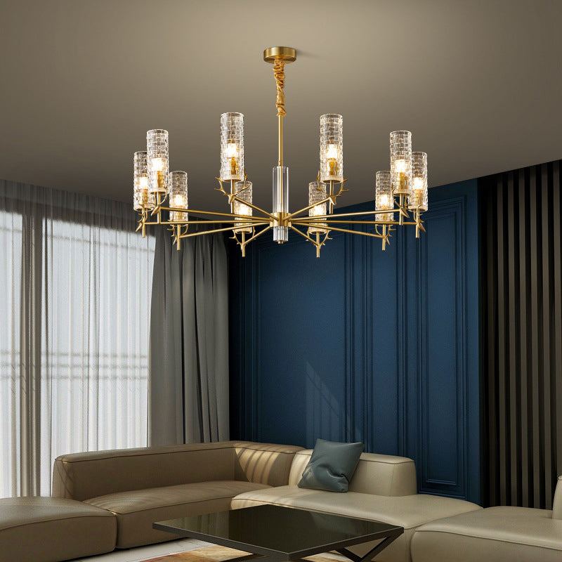 Gold Radial Pendant Light Mid-Century Cylindrical Clear Glass Suspension Light for Living Room