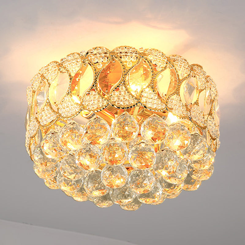 Gold Circular Ceiling Light Contemporary 3 Bulbes Crystal Ball Flush Mount Lamp for Bedroom